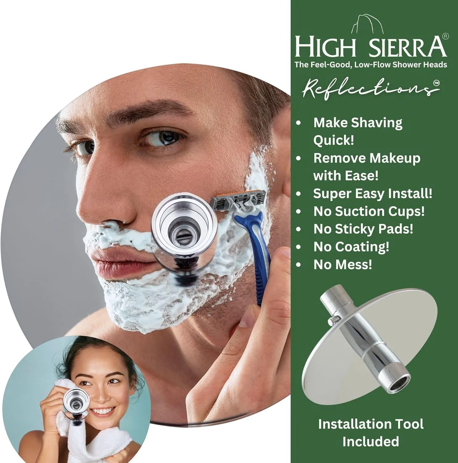 High Sierra® - Solid Metal 4-Way Combo REFLECTION™ Fixed and Hanheld Shower Heads with Slipped Free Rubber Grip. Run Separately or Both at Full Flow - 1.8 GPM per Shower Head - Brushed Gold Finish