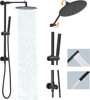 Hoimpro All Metal 10 Inch Matte Black Rainfall Shower Head with 2 In 1 Handheld Spray Combo, Shower Sytem Shower Faucet Fixtures Showerhead Rain Set Hand Held Sprayer with Adjustable Slide Bar