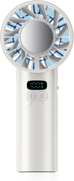 Hurricane Ice Handheld Fan, 5200mAh Rechargeable Battery, 1-100 High Speed Handheld Fan with Digital Display, Lightweight TEC Superconducting Cooling for Summer Travel Outdoor Makeup（White）