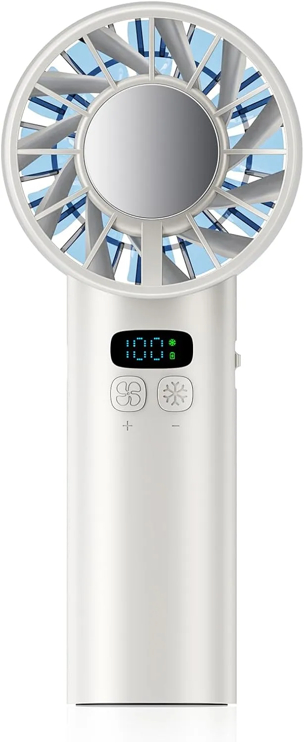 Hurricane Ice Handheld Fan, 5200mAh Rechargeable Battery, 1-100 High Speed Handheld Fan with Digital Display, Lightweight TEC Superconducting Cooling for Summer Travel Outdoor Makeup（White）