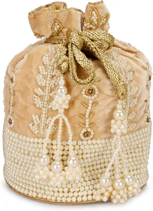 Indian Ethnic Clutch Silk Potli Batwa Pouch Bag with Beadwork Gift For Women (Golden-5)
