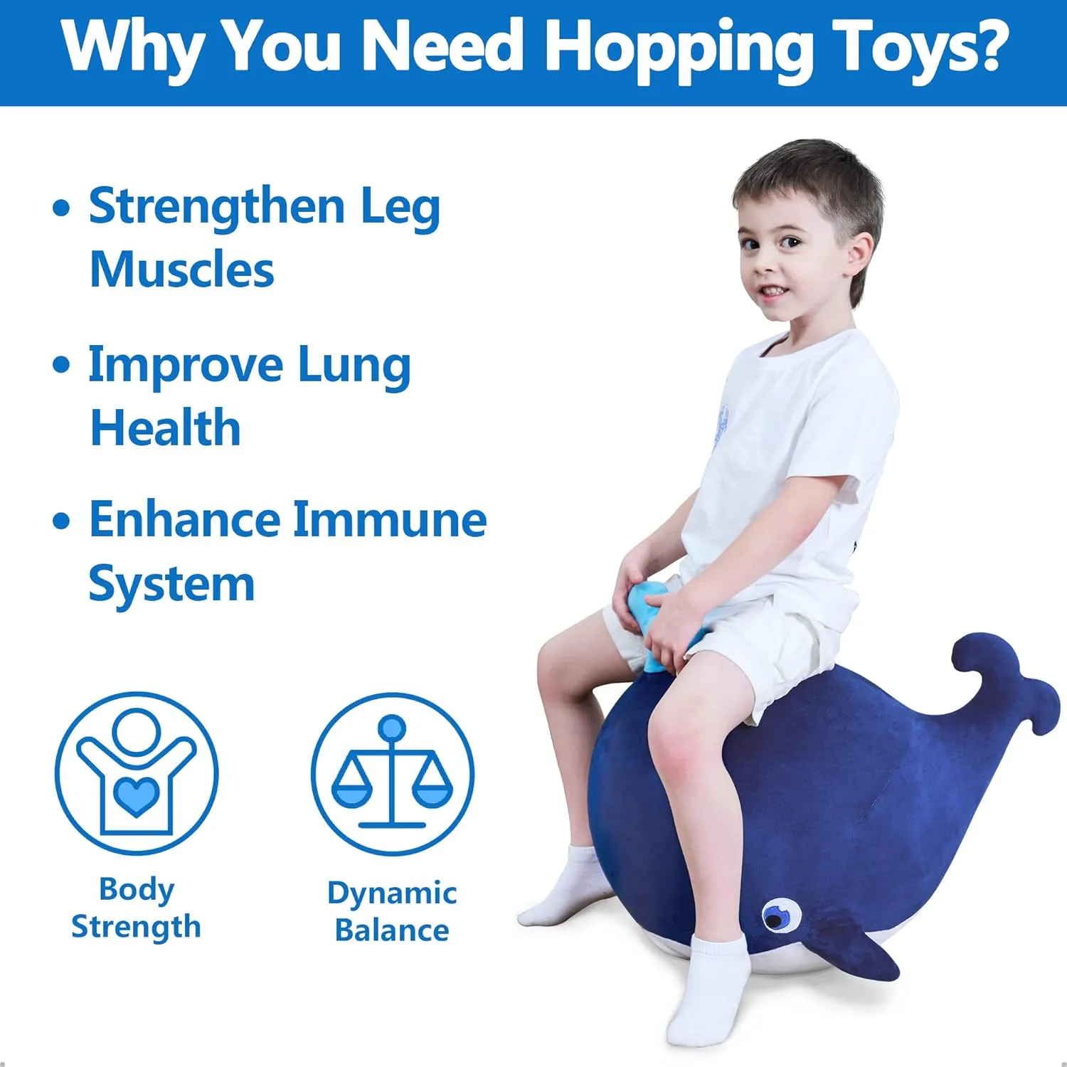 iPlay, iLearn Bouncy Pals Kids Whale Hopper Ball, Ride on Hopping Toy, Inflatable Plush Bouncing Animal W/Pump, Indoor Outdoor Riding Jumping Gift for 18 Month 2 3 4 5 Year Old Toddler Boy Girl Child