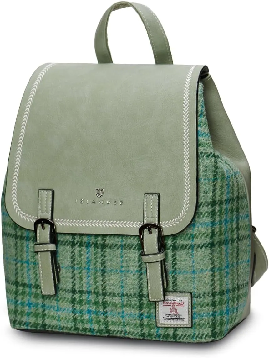 Islander Women Harris tweed Jura Backpack, Mint Check Tartan, 24cm*12cm*28cm