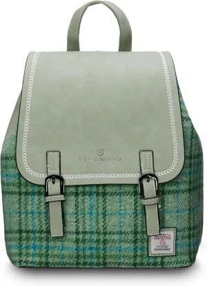 Islander Women Harris tweed Jura Backpack, Mint Check Tartan, 24cm*12cm*28cm