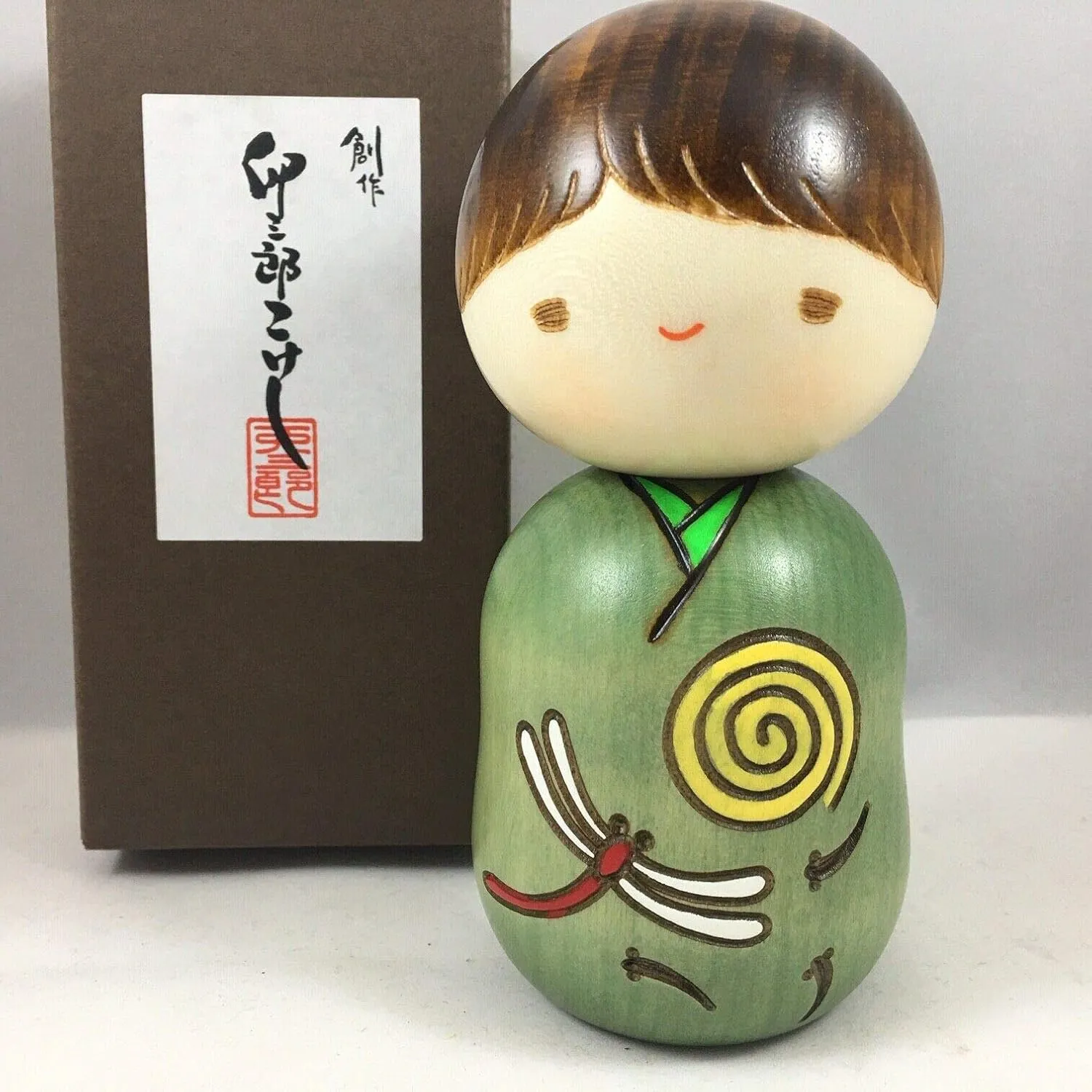 Japanese 4.5" H Kokeshi Wooden Doll TOMBO Dragonfly Kimono Boy/Made in Japan