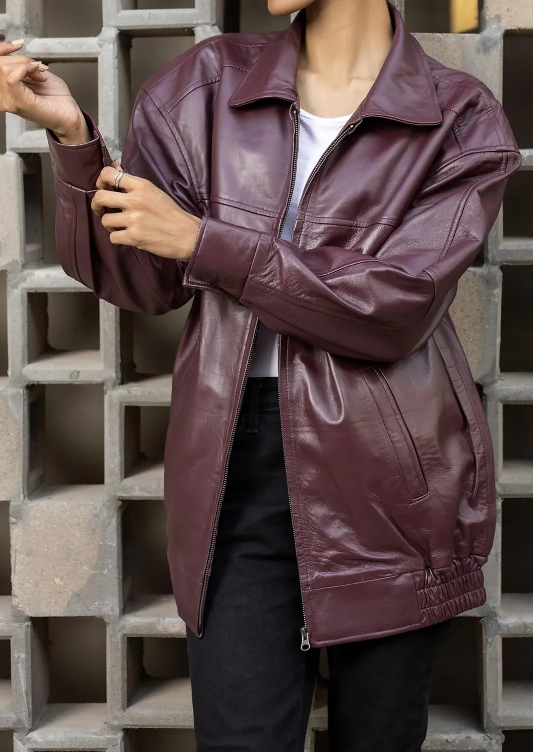 Jild Oversized Leather Jacket Women - Lambskin Leather Fall Jacket for Womens Fashion Plus Size Outfits