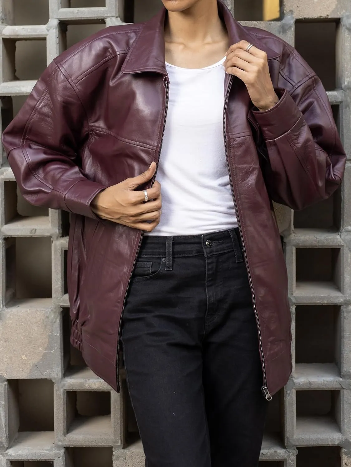 Jild Oversized Leather Jacket Women - Lambskin Leather Fall Jacket for Womens Fashion Plus Size Outfits