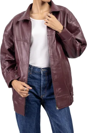Jild Oversized Leather Jacket Women - Lambskin Leather Fall Jacket for Womens Fashion Plus Size Outfits