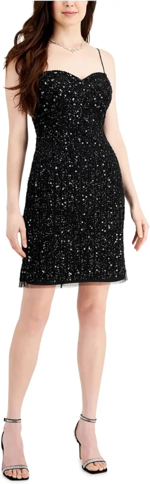 JKARA Womens Black Embellished Zippered Padded Cups Lined Spaghetti Strap Sweetheart Neckline Short Party Sheath Dress 16