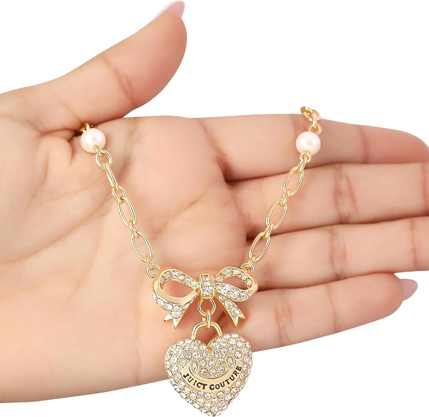 Juicy Couture Necklace Gold or Rhodium Tone, Logo Heart Necklace for Women, Juicy Gifts