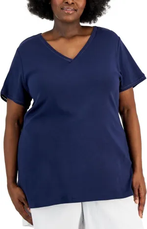 Karen S Plus Size Cotton Crochet Trimmed Top Intrepid Blue 1X