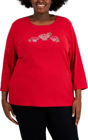 Karen Scott Plus Size Rhinestone Seashell-Graphic Top New Red Amore 0X