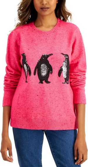 Karen Scott Women's Embellished Penguin Sweater (Magenta, Medium)