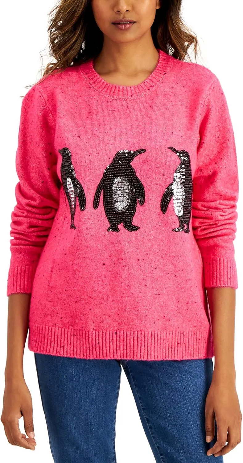 Karen Scott Women's Embellished Penguin Sweater (Magenta, Medium)