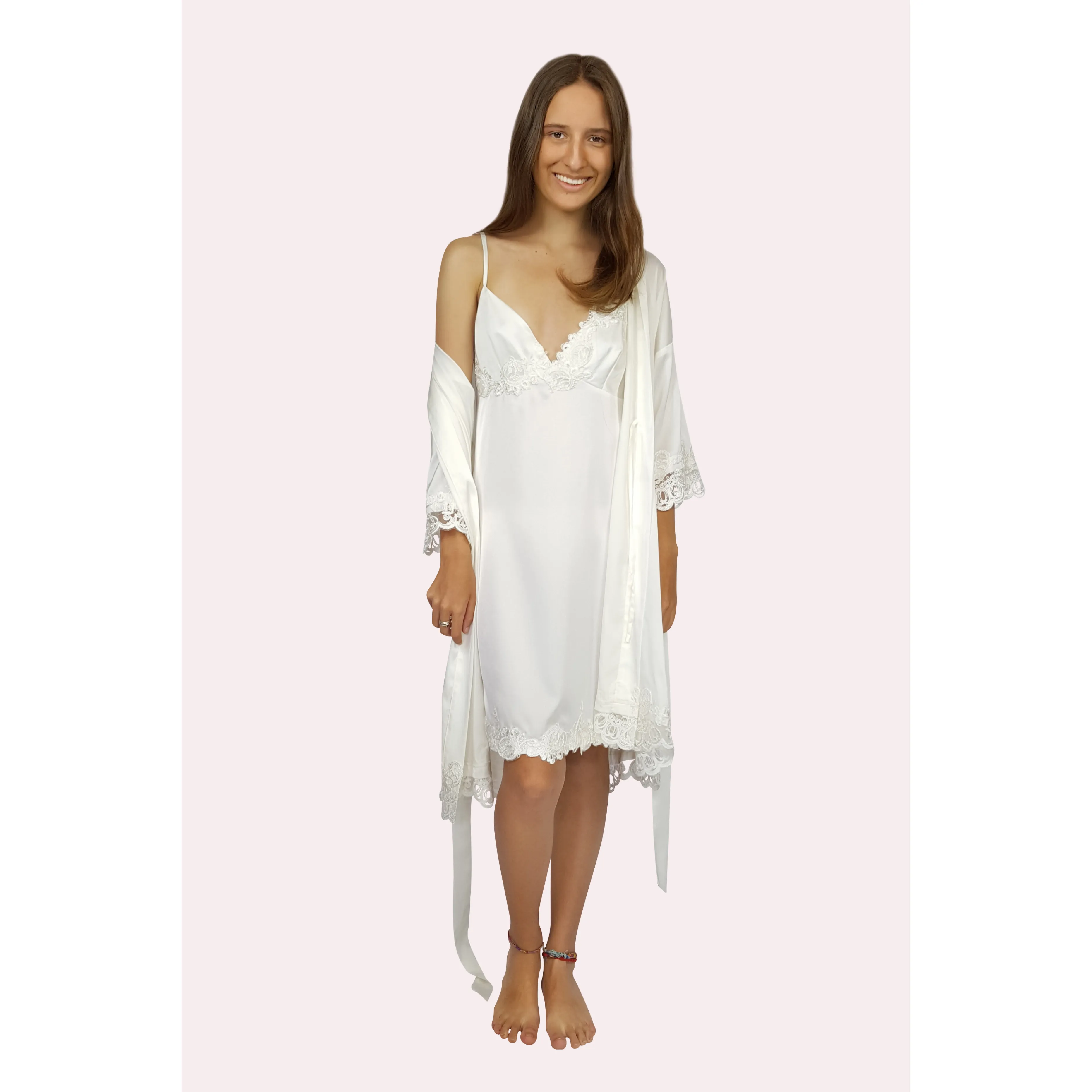KEEPSAKE (S) Lace Trimmed Satin Robe & Slip Set