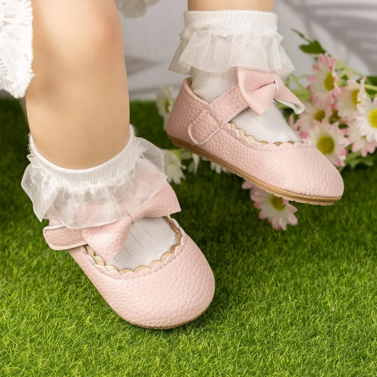 KIDSUN Infant Baby Girls Mary Jane Shoes Non-Slip Rubber Sole Ballet Slippers Princess Dress Wedding Shoes Newborn Crib Shoes First Walkers Shoes