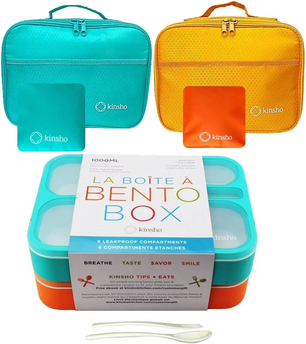 kinsho Bento Box with Lunch Bag and Ice Pack Set | Two Boxes, Bags, Cold Packs for Kids Adults | Value Meal Containers for School Lunches or Snack, 6 Compartments Leakproof BPA Free, Teal and Orange