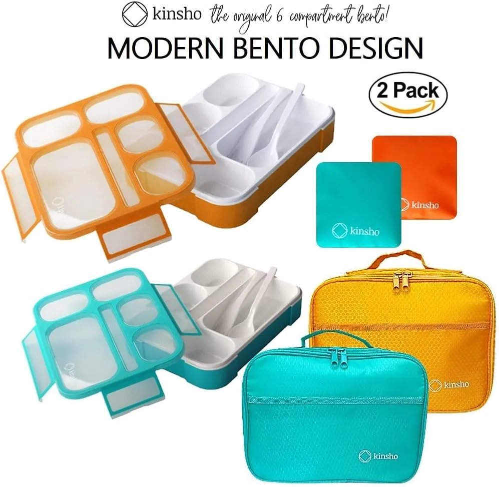 kinsho Bento Box with Lunch Bag and Ice Pack Set | Two Boxes, Bags, Cold Packs for Kids Adults | Value Meal Containers for School Lunches or Snack, 6 Compartments Leakproof BPA Free, Teal and Orange