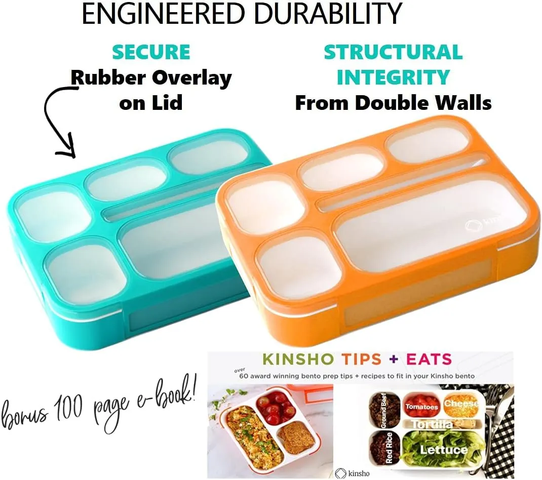 kinsho Bento Box with Lunch Bag and Ice Pack Set | Two Boxes, Bags, Cold Packs for Kids Adults | Value Meal Containers for School Lunches or Snack, 6 Compartments Leakproof BPA Free, Teal and Orange