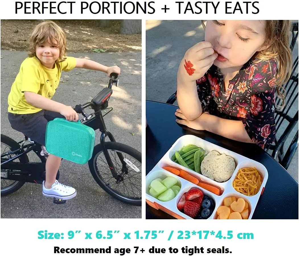 kinsho Bento Box with Lunch Bag and Ice Pack Set | Two Boxes, Bags, Cold Packs for Kids Adults | Value Meal Containers for School Lunches or Snack, 6 Compartments Leakproof BPA Free, Teal and Orange