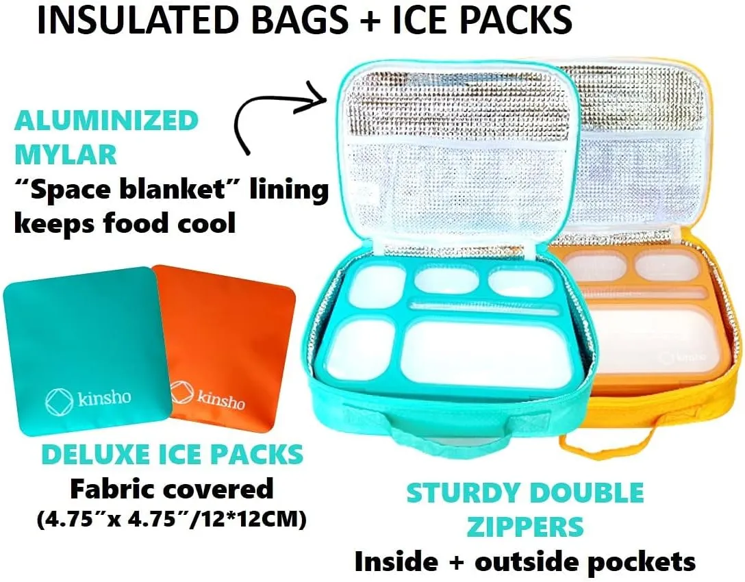 kinsho Bento Box with Lunch Bag and Ice Pack Set | Two Boxes, Bags, Cold Packs for Kids Adults | Value Meal Containers for School Lunches or Snack, 6 Compartments Leakproof BPA Free, Teal and Orange