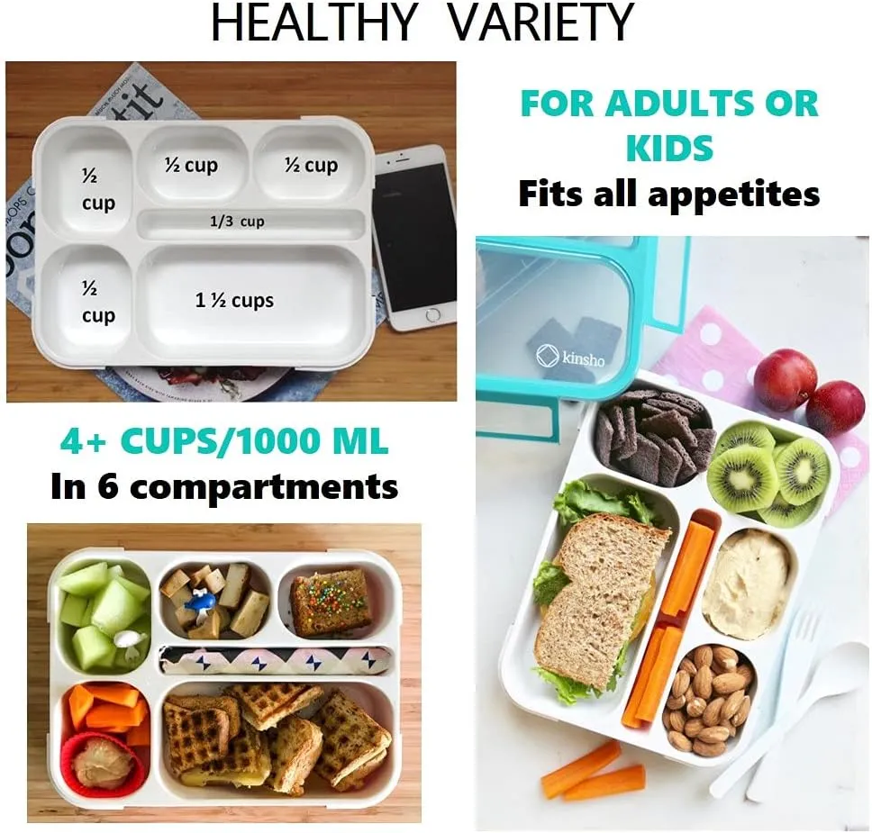 kinsho Bento Box with Lunch Bag and Ice Pack Set | Two Boxes, Bags, Cold Packs for Kids Adults | Value Meal Containers for School Lunches or Snack, 6 Compartments Leakproof BPA Free, Teal and Orange