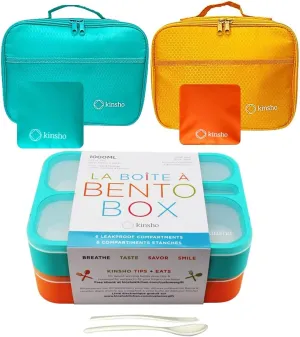 kinsho Bento Box with Lunch Bag and Ice Pack Set | Two Boxes, Bags, Cold Packs for Kids Adults | Value Meal Containers for School Lunches or Snack, 6 Compartments Leakproof BPA Free, Teal and Orange