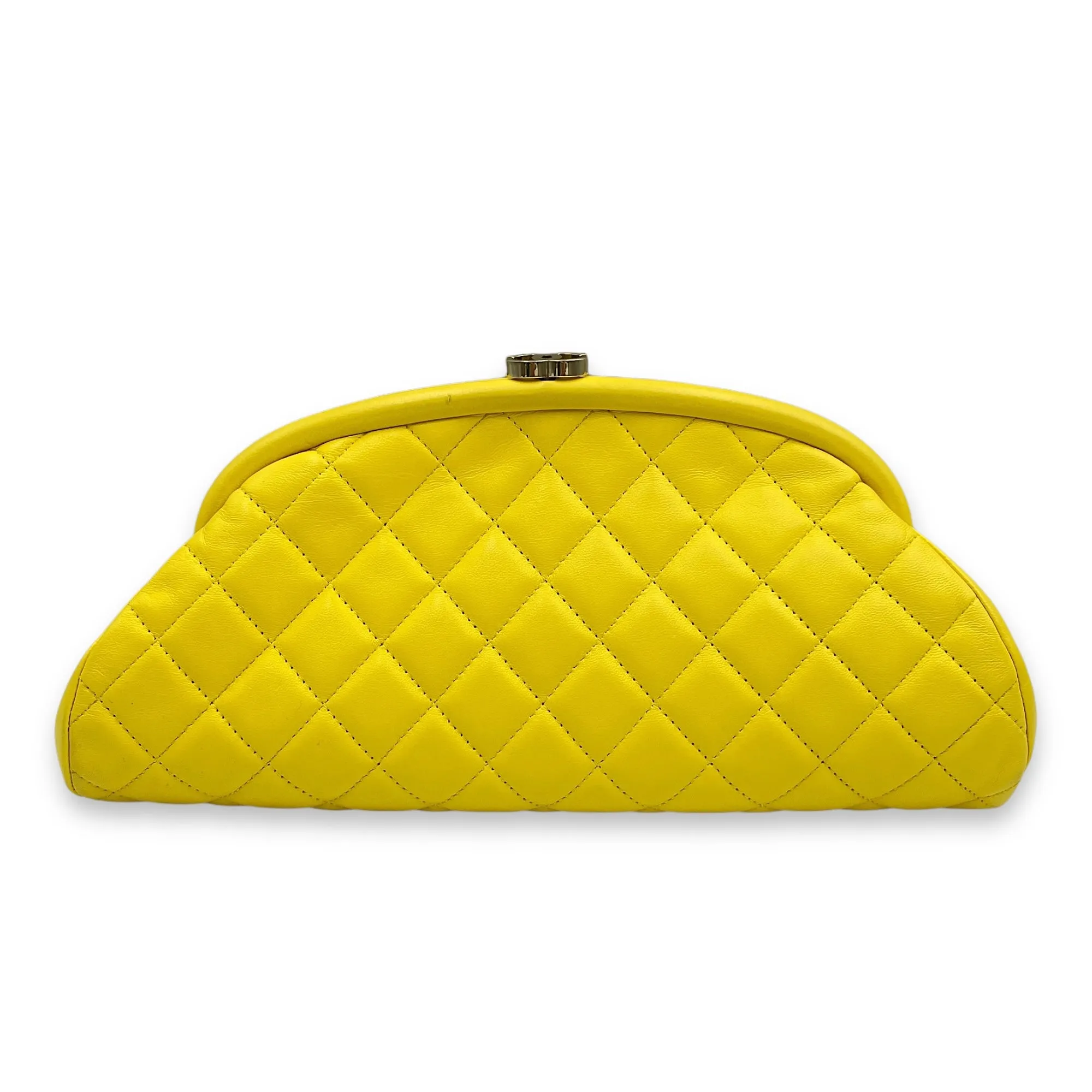 Kisslock Timeless Yellow Clutch in Lambskin, Gold hardware