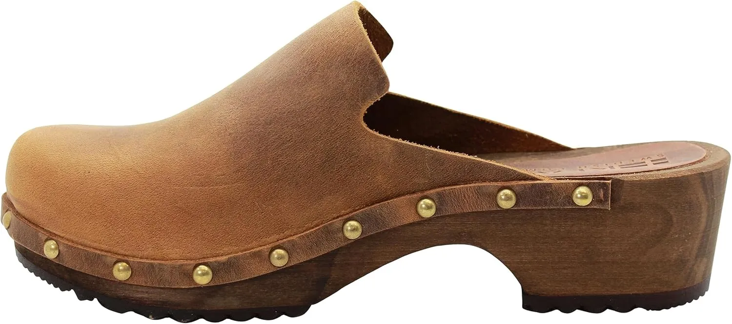 KLÄGN Elin Wood Open Back Full Grain Leather Clogs
