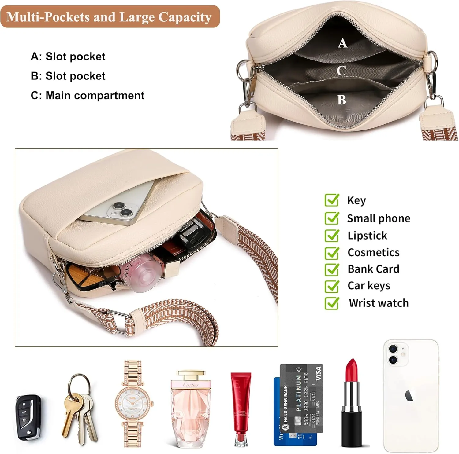 Kseymeir Small Shoulder Crossbody Bag for Women Vegan Leather Handbag Purse Triple Zip Wallet Purse Trendy Bag