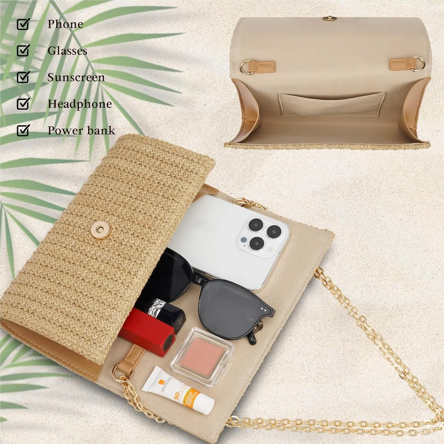 Kseymeir Straw Clutch Purse Shoulder Crossbody Bag Envelope Purse Raffia Handbag for Summer Beach Travel Trendy