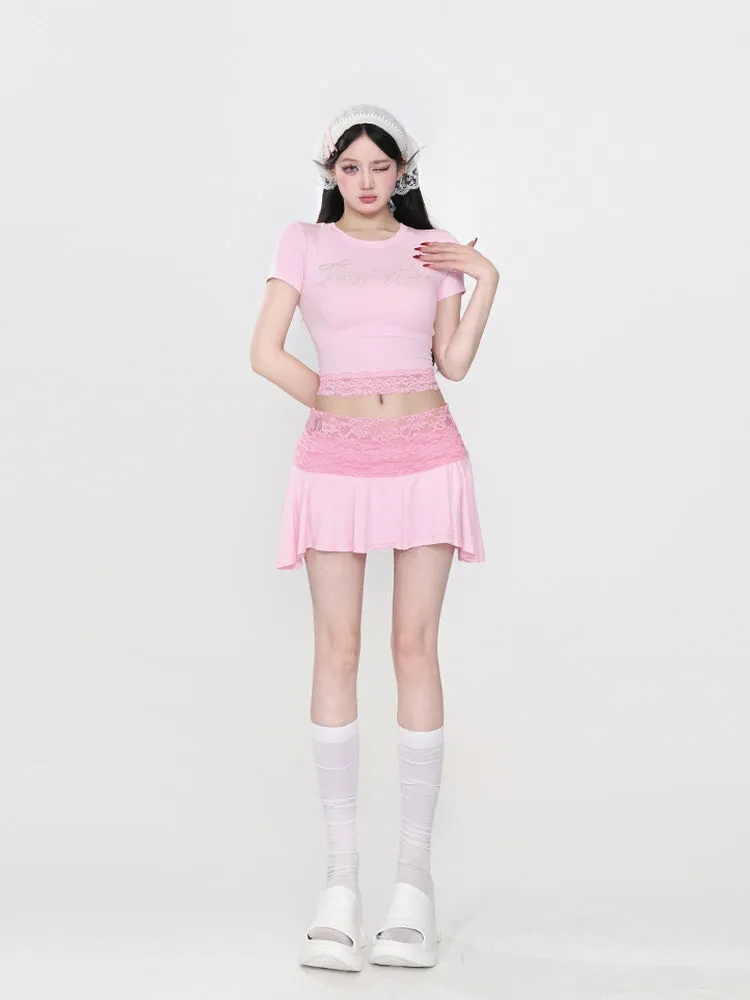 Lace-Trimmed Flared Mini Skirt