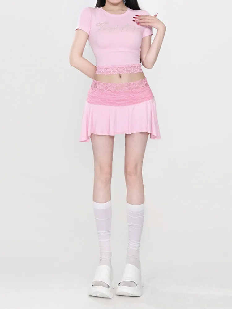 Lace-Trimmed Flared Mini Skirt