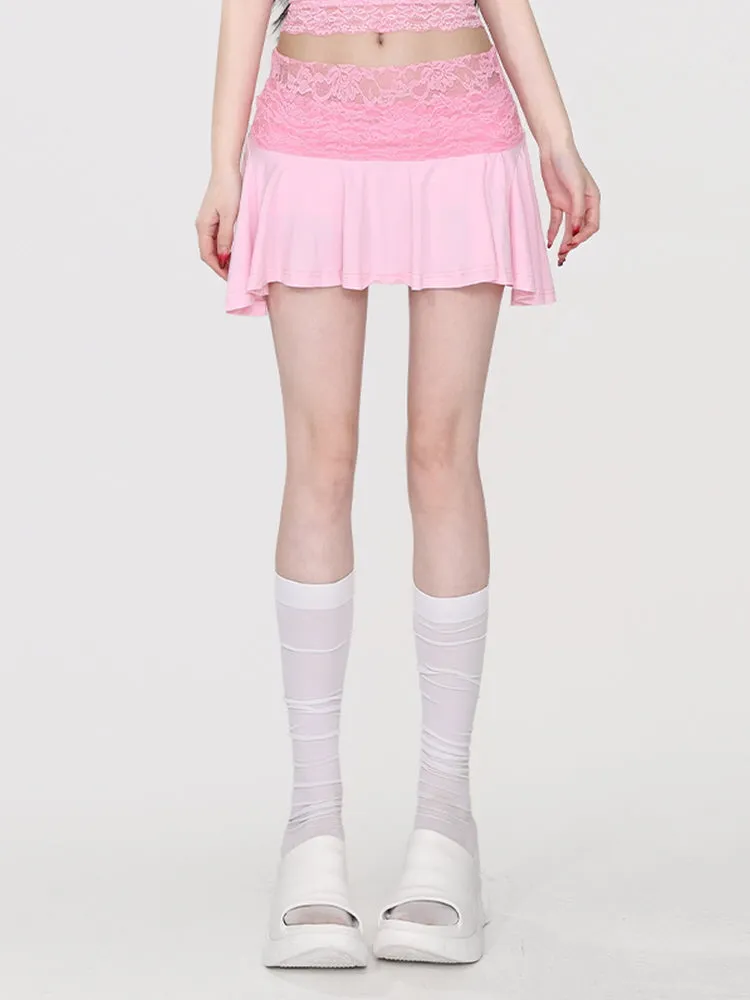 Lace-Trimmed Flared Mini Skirt