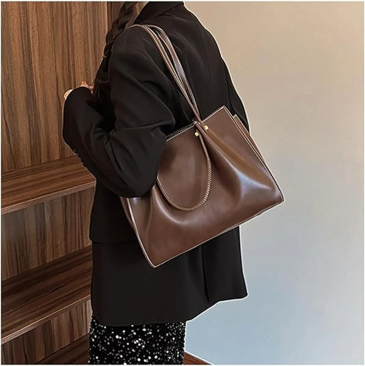 Large Capacity Faux Leather Satchel Handbag,Slouchy Work Tote Bag for Women,Fall Winter Purse Shoulder Bag with Zipper