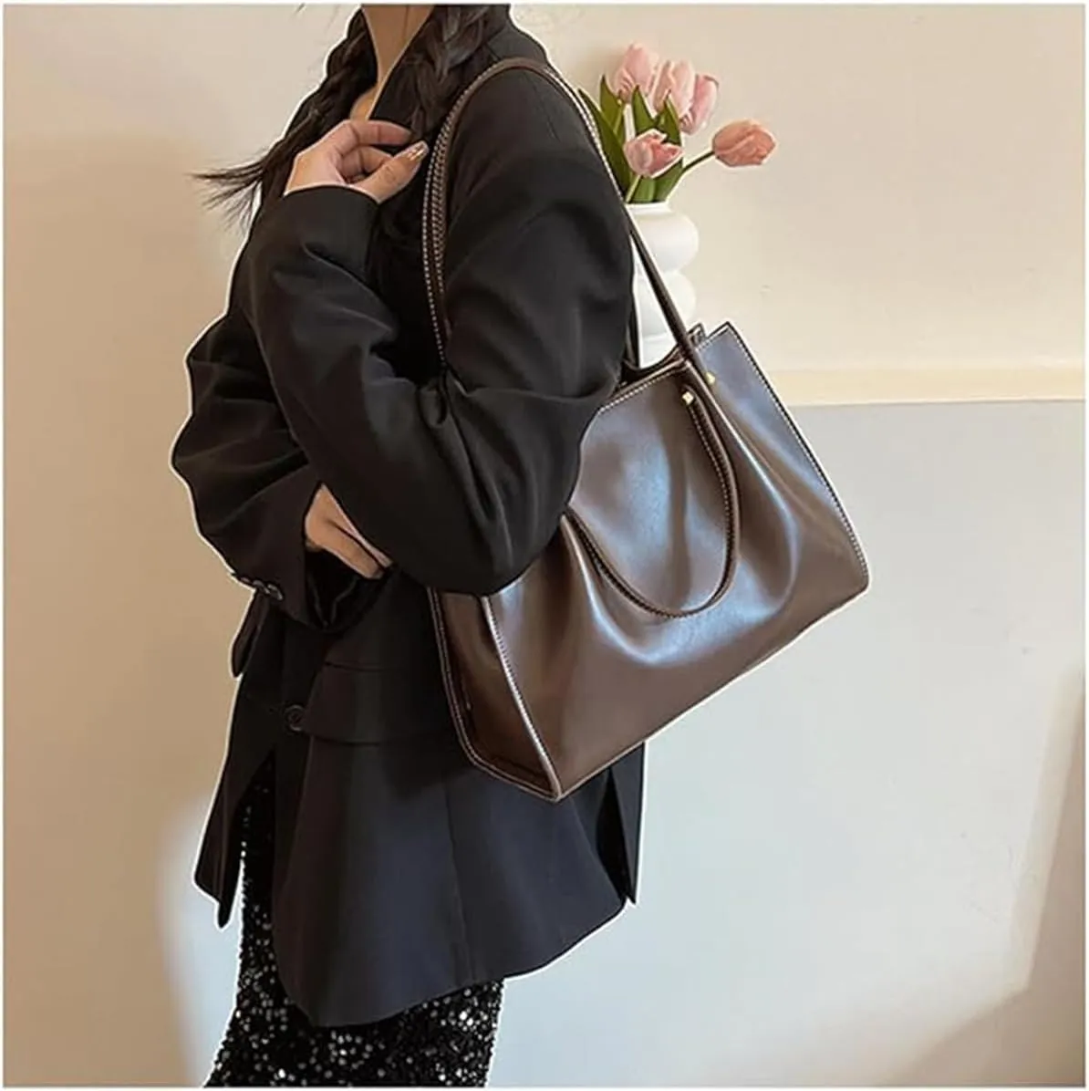 Large Capacity Faux Leather Satchel Handbag,Slouchy Work Tote Bag for Women,Fall Winter Purse Shoulder Bag with Zipper