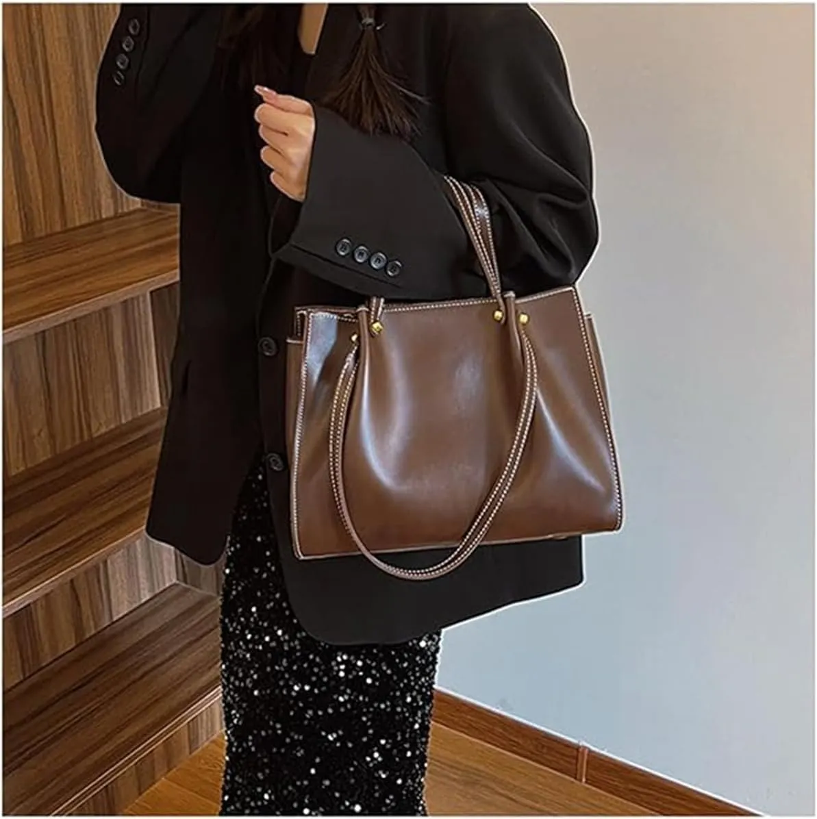 Large Capacity Faux Leather Satchel Handbag,Slouchy Work Tote Bag for Women,Fall Winter Purse Shoulder Bag with Zipper