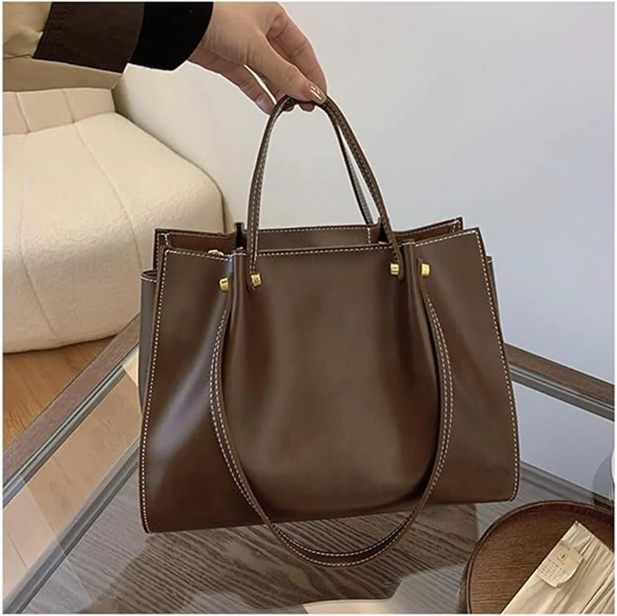 Large Capacity Faux Leather Satchel Handbag,Slouchy Work Tote Bag for Women,Fall Winter Purse Shoulder Bag with Zipper