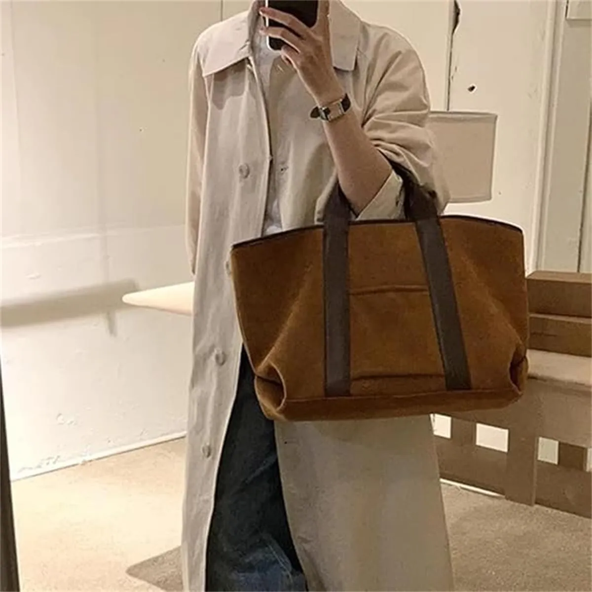 Large Capacity Suede Tote Bag,Vintage Top Handle Fashion Handbags,Women Soft Commuting Faux Leather Casual Handle Bag