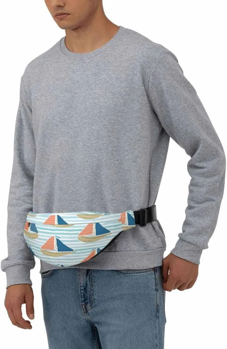 Large Crossbody Bag Waistpack Cute Driftwood Sailboat Blue Ocean Sea Cartoon Line Leisure Sports Fanny Pack Zipper Bag for Running, Travel