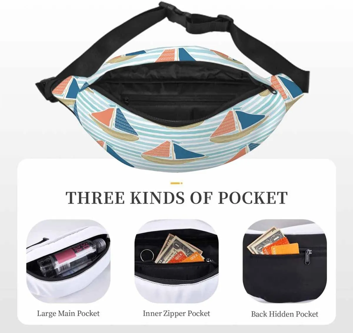 Large Crossbody Bag Waistpack Cute Driftwood Sailboat Blue Ocean Sea Cartoon Line Leisure Sports Fanny Pack Zipper Bag for Running, Travel