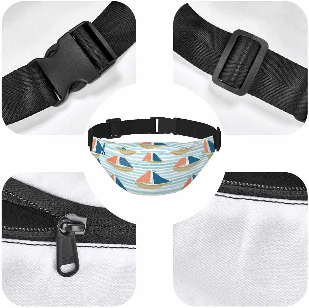 Large Crossbody Bag Waistpack Cute Driftwood Sailboat Blue Ocean Sea Cartoon Line Leisure Sports Fanny Pack Zipper Bag for Running, Travel