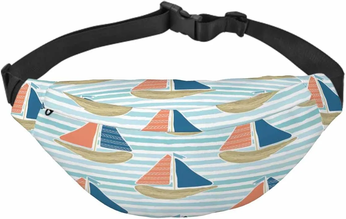 Large Crossbody Bag Waistpack Cute Driftwood Sailboat Blue Ocean Sea Cartoon Line Leisure Sports Fanny Pack Zipper Bag for Running, Travel