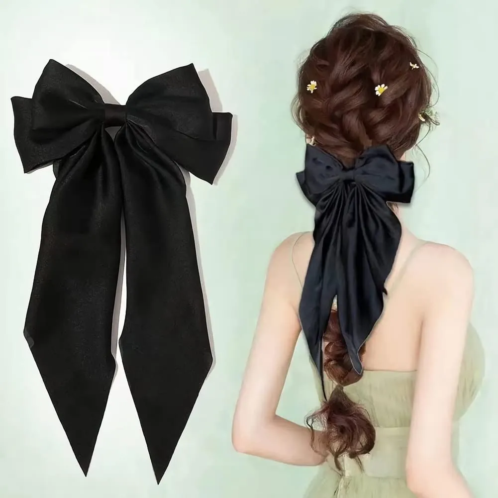 Large Ribbon Bow Hair Clip for Women Silky Satin Bowknot Handmade Girls Hairpins Barrettes (Black)