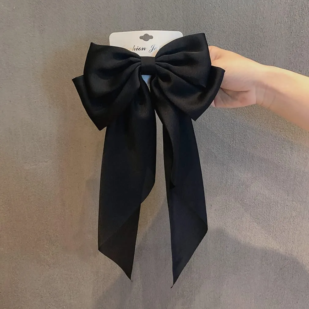Large Ribbon Bow Hair Clip for Women Silky Satin Bowknot Handmade Girls Hairpins Barrettes (Black)