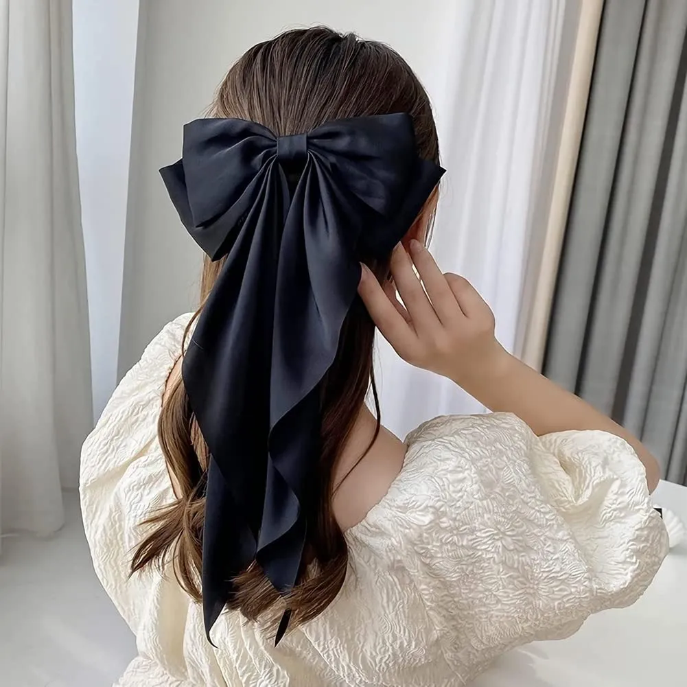 Large Ribbon Bow Hair Clip for Women Silky Satin Bowknot Handmade Girls Hairpins Barrettes (Black)