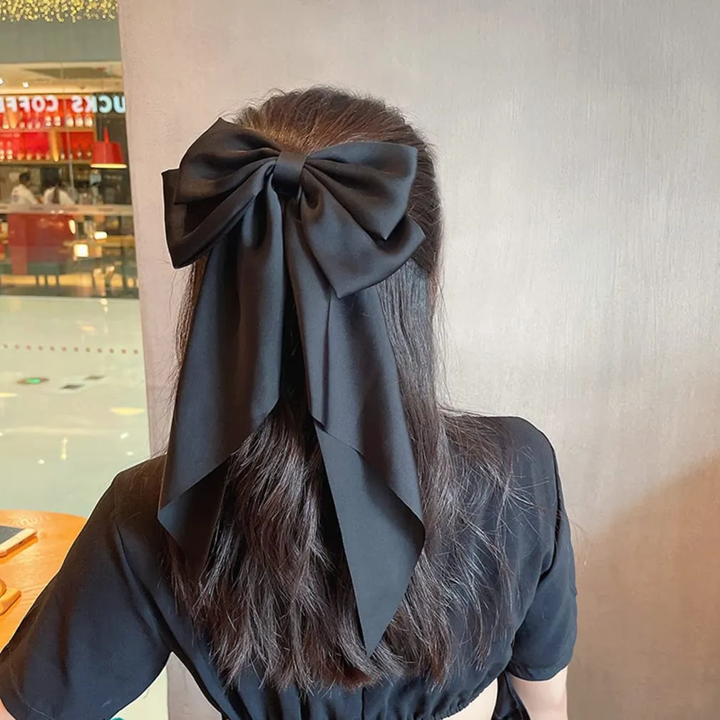 Large Ribbon Bow Hair Clip for Women Silky Satin Bowknot Handmade Girls Hairpins Barrettes (Black)