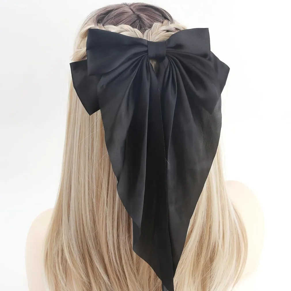 Large Ribbon Bow Hair Clip for Women Silky Satin Bowknot Handmade Girls Hairpins Barrettes (Black)
