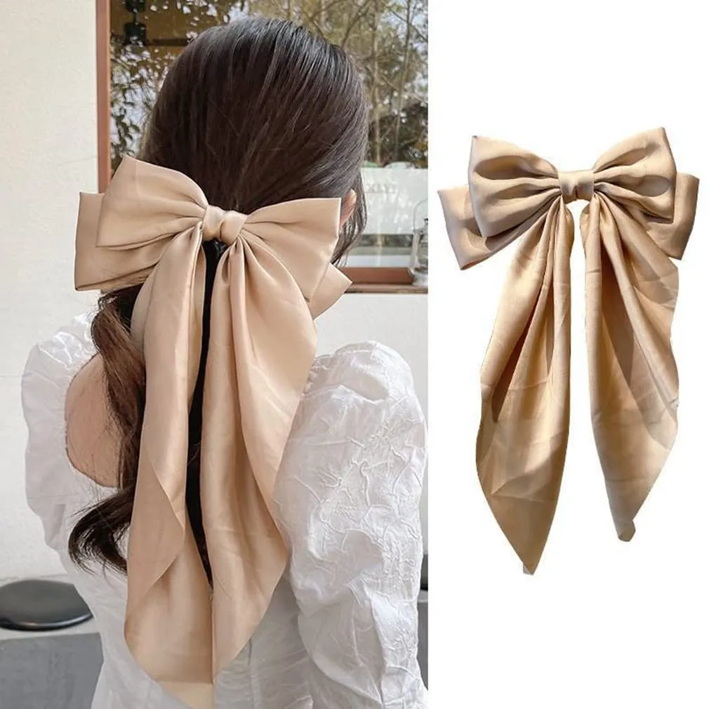 Large Ribbon Bow Hair Clip for Women Silky Satin Bowknot Handmade Girls Hairpins Barrettes (Champagne)