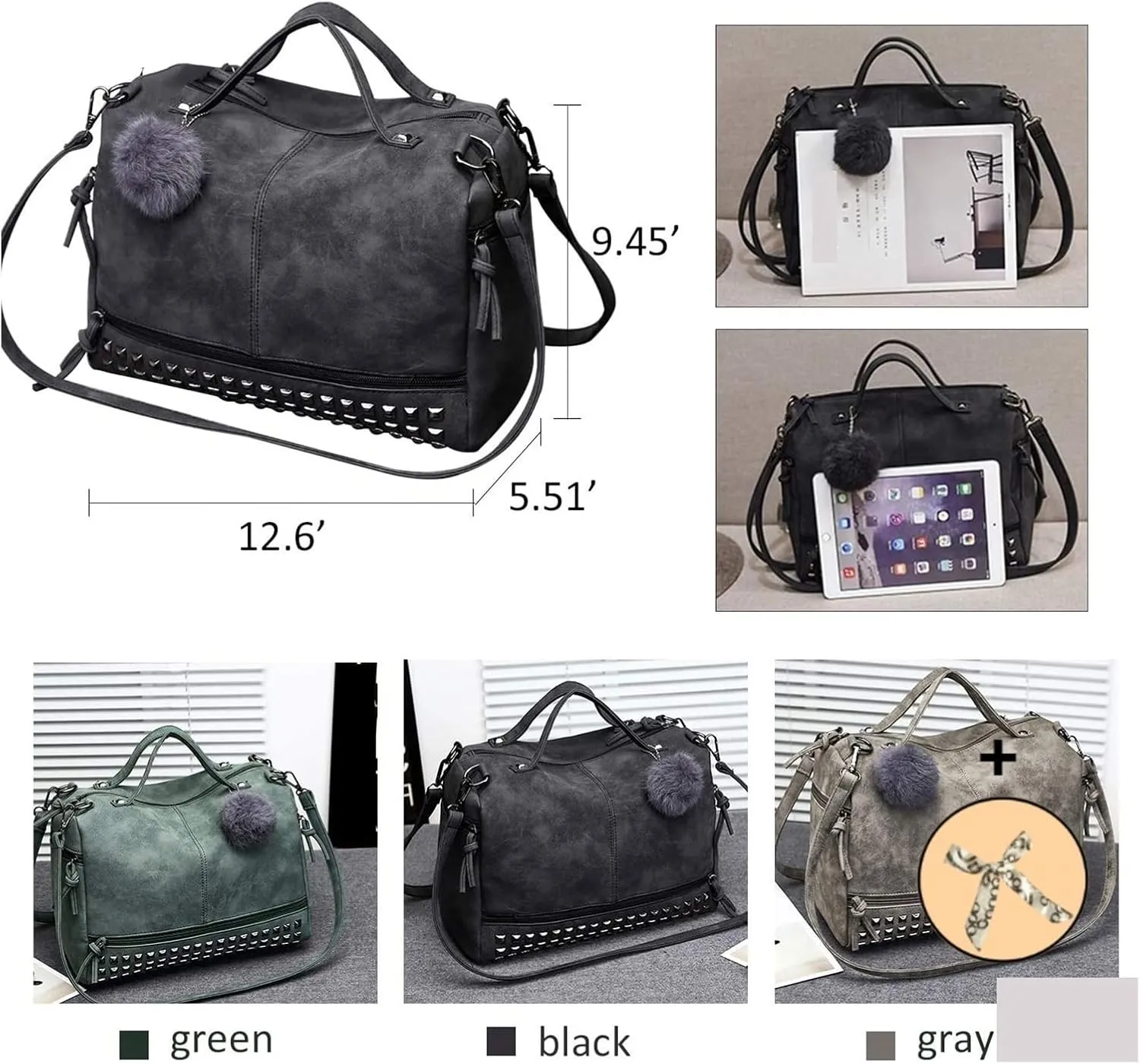 Large Shoulder Bags For Womens Studded Handbags Casual Shoulder Bags(Green)